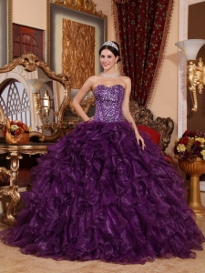 Affordable Dark Purple Sweet 16 Dress Sweetheart Organza Sequins Ball Gown