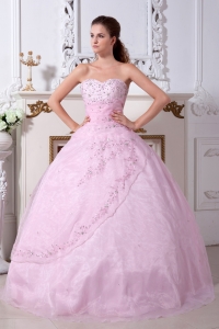 Baby Pink Sweet 16 Dress / Princess Sweetheart Organza Embroidery Floor-length