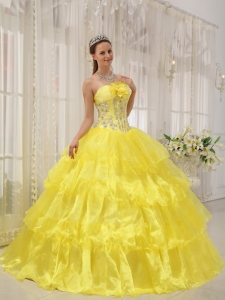 Beautiful Yellow Sweet 16 Dress Strapless Taffeta and Organza Beading Ball Gown