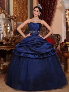 Elegant Navy Blue Sweet 16 Dress Strapless Tulle and Taffeta Beading Ball Gown