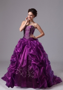 Embroider and Pick-ups Sweep Train For Eggplant Purple Military Ball Gowns For Custom Made In Griffin Georgia