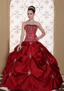 Embroidery in Wine Red Taffeta Pick-ups Strapless Modest Sweet 16 Dress in New York