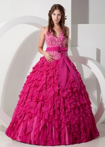 Exclusive Hot Pink Ball Gown Halter Sweet 16 Dress Chiffon Embroidery Floor-length