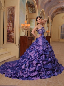 Gorgeous Purple Sweet 16 Dress Strapless Court Train Pick-ups Taffeta Ball Gown