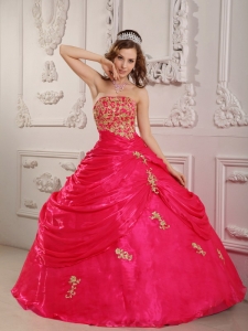 Perfect Coral Red Sweet 16 Dress Strapless Organza Appliques Ball Gown