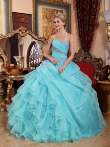 Popular Aqua Blue Sweet 16 Dress Sweetheart Organza Appliques and Ruch Ball Gown