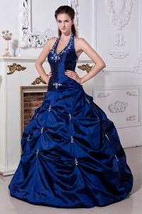 Royal Blue / Princess Halter Sweet 16 Dress Taffeta Embriodery Floor-length