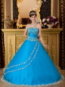 Teal Ball Gown Strapless Floor-length Tulle Lace Appliques Sweet 16 Dress