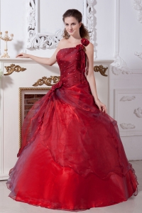 Wine Red Sweet 16 Dress One Shoulder Taffeta and Organza Floor-length