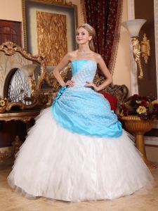 Beautiful Aqua Blue and White Sweet 16 Dress Strapless Taffeta and Tulle Hand Made Flowers Ball Gown