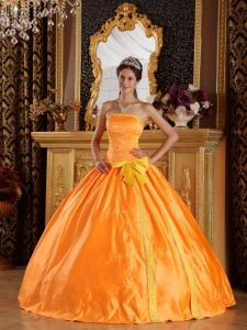 Beautiful Orange Sweet 16 Dress Strapless Satin Embroidery Ball Gown