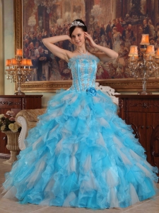 Cheap Aqua Sweet 16 Dress Gown Strapless Appliques Organza Blue Ball