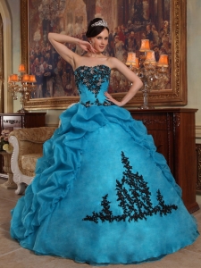 Discount Blue Sweet 16 Dress Strapless Taffeta and Organza Beading and Pick-ups Ball Gown