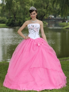 Embroidery Decorate Rose Pink Sweet 16 Quinceanera Dress With Strapless Skirt