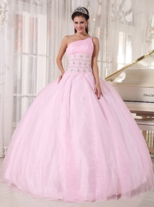 Luxurious Baby Pink Sweet 16 Dress One Shoulder Organza Beading Ball Gown
