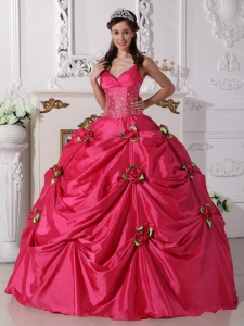 Luxurious Hot Pink Sweet 16 Dress Spaghetti Straps Taffeta Beading Ball Gown