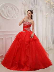 Modest Red Sweet 16 Dress Strapless Taffeta and Organza Appliques Ball Gown