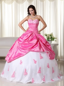 Pink And White Ball Gown Sweetheart Floor-length Taffeta Appliques Sweet 16 Dress