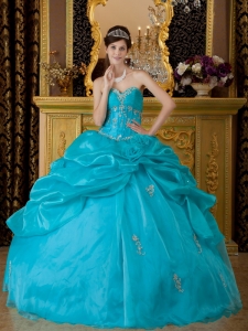 Popular Teal Sweet 16 Quinceanera Dress Sweetheart Organza Appliques Ball Gown