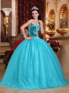 Popular Teal Sweet 16 Quinceanera Dress Sweetheart Tulle Beading Ball Gown