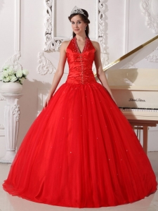Pretty Red Sweet 16 Quinceanera Dress Halter Tulle Beading Ball Gown