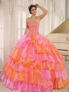 Ruflfled Layers and Appliques Decorate Up Bodice For Rose Pink and Orange Sweet 16 Dress