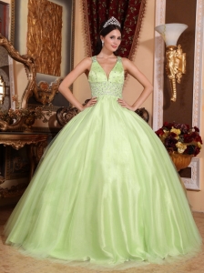 Simple Yellow Green Sweet 16 Dress V-neck Tulle and Taffeta Beading Ball Gown