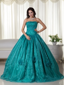 Turquoise Ball Gown Strapless Floor-length Organza Beading Sweet 16 Dress