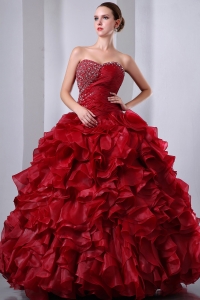 Wine Red A-Line / Princess Sweetheart Beading and Ruffles Quinceanea Dress Floor-length Organza