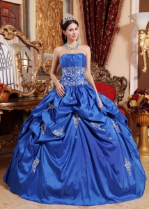 Beautiful Blue Sweet 16 Quinceanera Dress Strapless Taffeta Appliques Ball Gown