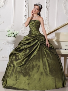 Cheap Olive Green Sweet 16 Dress Strapless Taffeta Beading Ball Gown