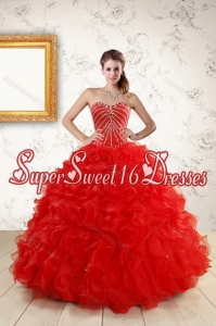 2015 Fashionable Sweetheart Red Quince Dresses With Beading and Ruffles