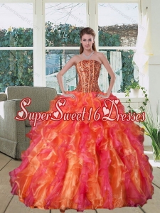 Modest 2015 Multi Color Strapless Quince Dress with Beading and Ruffles