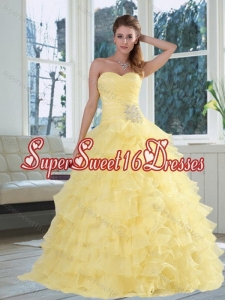 2015 Custom Made Yellow Sweetheart Quinceanera Dress with Beading and Ruffled Layers