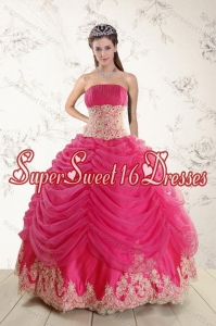 Fashionable 2015 Strapless Hot Pink Quinceanera Dresses with Beading and Lace