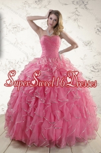 2015 Cute Rose Pink Quince Dresses with Paillette and Ruffles