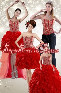 2015 Cute Beading and Ruffles Quince Dress in Red