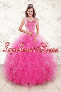 Cute 2015 Sweetheart Hot Pink Quince Gown with Beading and Ruffles
