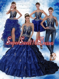 2015 Detachable Navy Blue Sweetheart Quinceanera Dress with Embroidery and Ruffled Layers