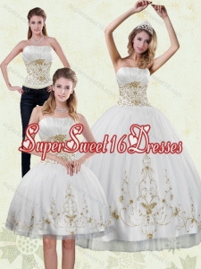 Detachable 2015 Strapless Appliques White and Gold Quinceanera Dresses