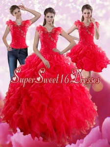 Detachable Red Sweetheart Quince Dresses with Ruffles and Beading for 2015