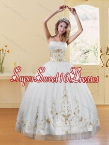 2015 Elegant Strapless Embroidery White and Gold Dresses for Quinceanera