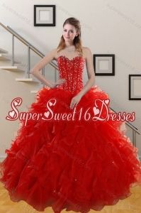 Elegant 2015 Sweetheart Red Quince Gowns with Beading and Ruffles