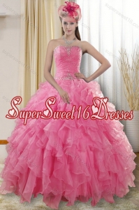 2015 Pretty Rose Pink Quinceanera Dresses with Ruffles and Beading