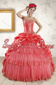 2015 Popular Strapless Coral Red Quinceanera Dresses with Pick Ups and Beading