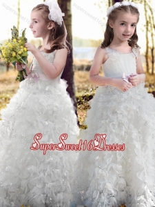 New Arrivals Ruffled and Bowknot White Flower Beautiful Girls Pageant Dress with Straps