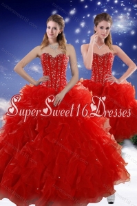 2015 Pretty Red Sweet 15 Dresses with Beading and Ruffles