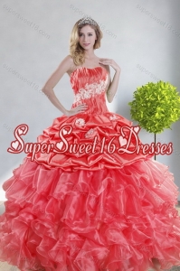 2015 Pretty Watermelon Red Quince Dresses with Appliques and Ruffles