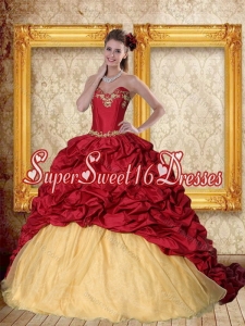Modest 2015 Wine Red Brush Train Quinceanera Dress with Sweetheart