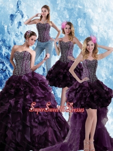 Detachable Purple Sweetheart Quince Dress with Ruffles and Beading